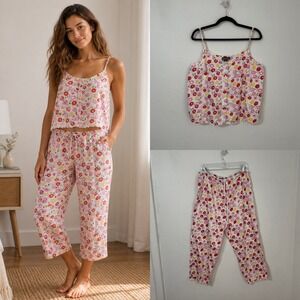 Lands End Pajama Set Floral Cottagecore Button Camisole Crop Pants Women L 14-16
